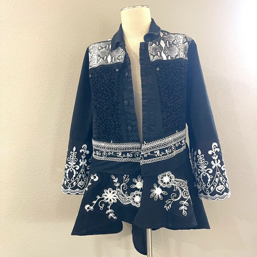 Upcycled Black Denim Jacket with Peplum & Floral Whitework Embroidery. Size M-L - Picture 2 of 15
